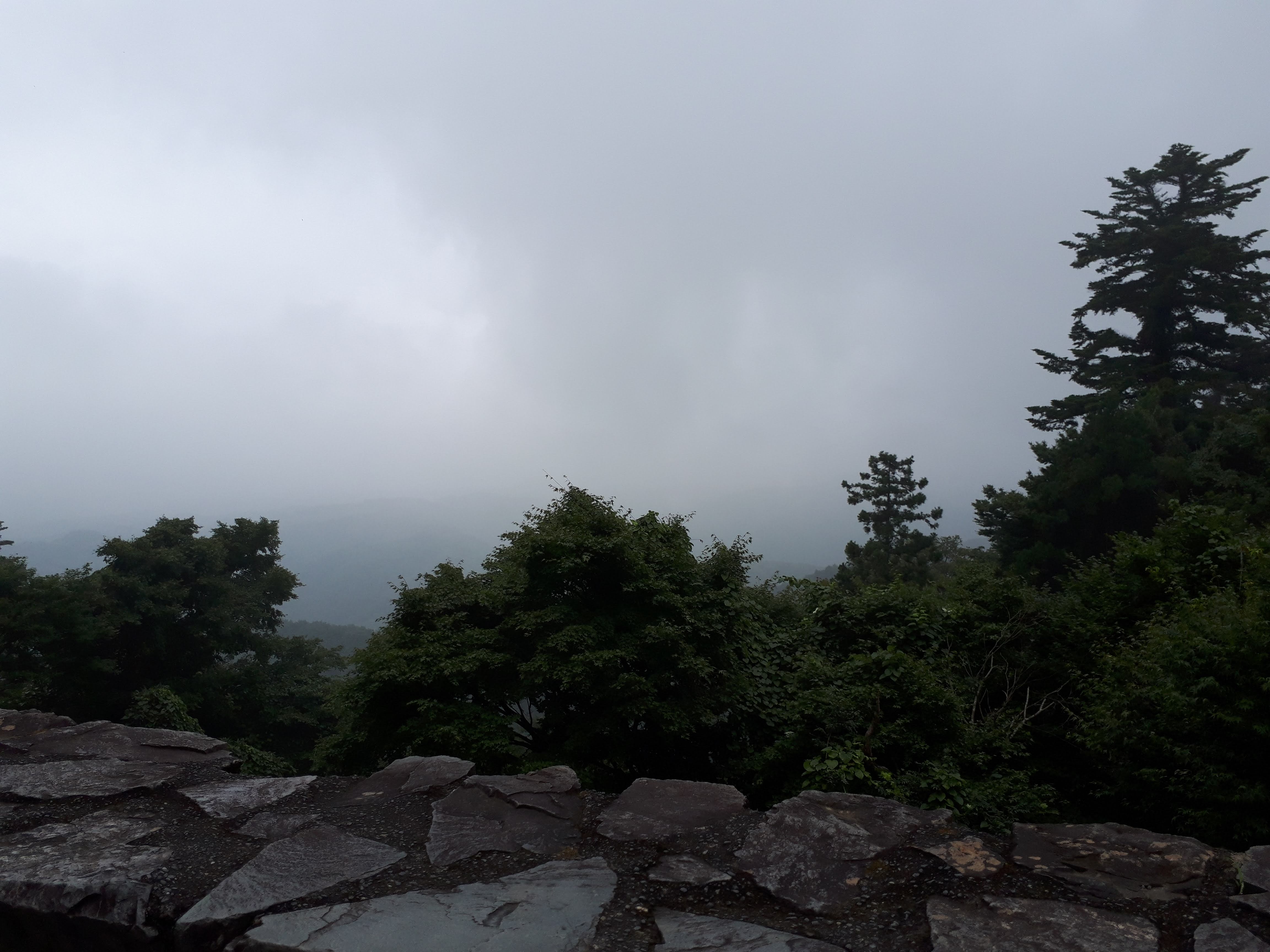 Foggy overcast view from the rocky summit viewpoint