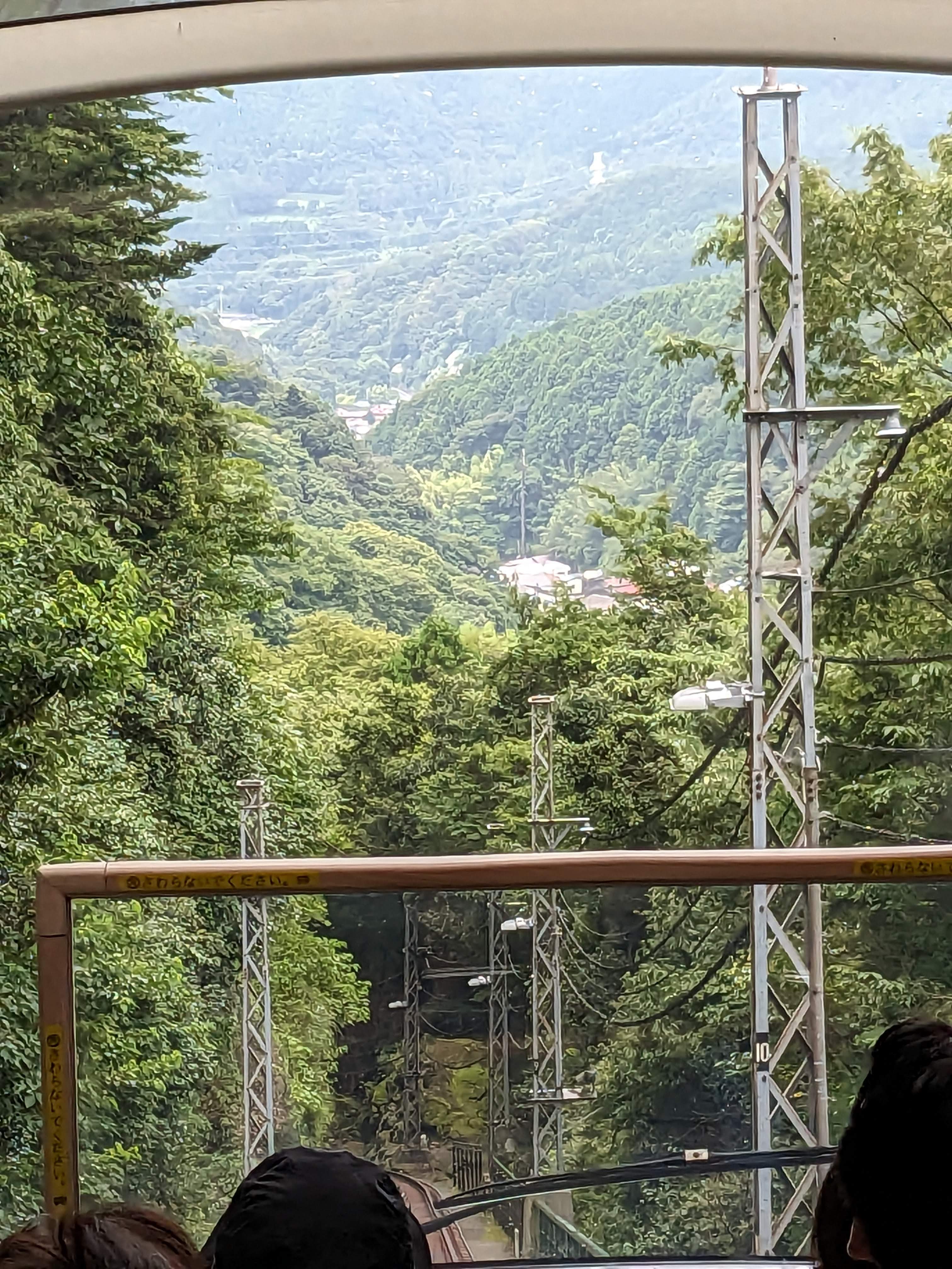 下社への参道の石段。古い石畳に苔が生え、参拝者が上り下りしている